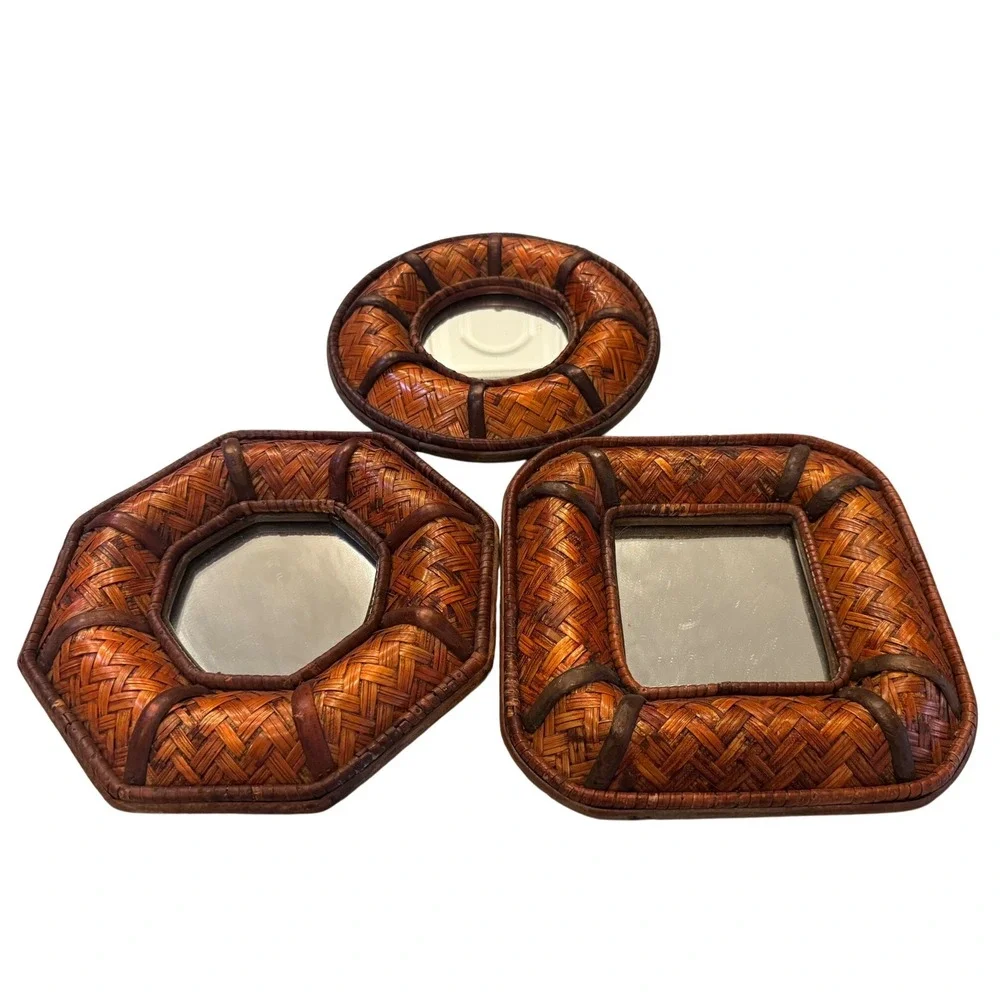 Vintage Woven Rattan Bamboo Wall Mirror Set 3 Brown Boho Nautical  Coastal MCM